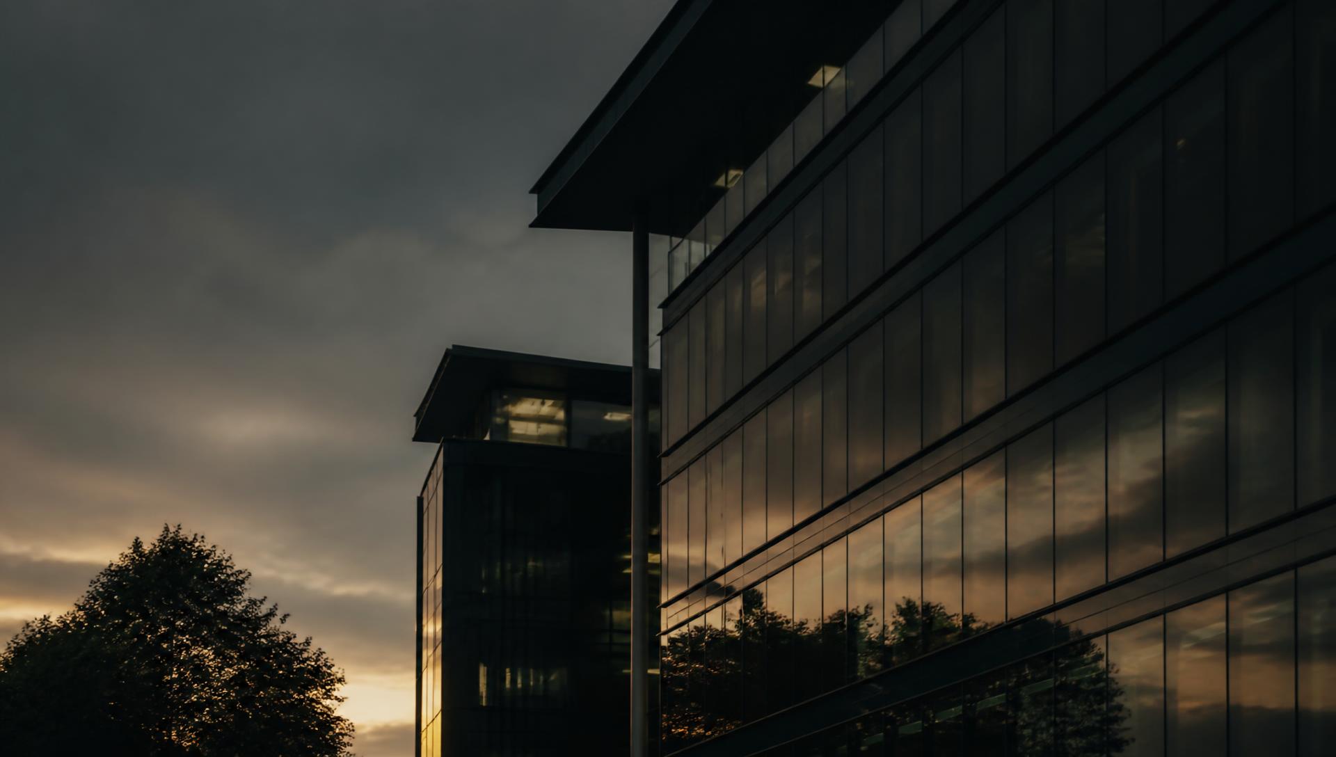 Siège d'entreprise contemporain au crépuscule