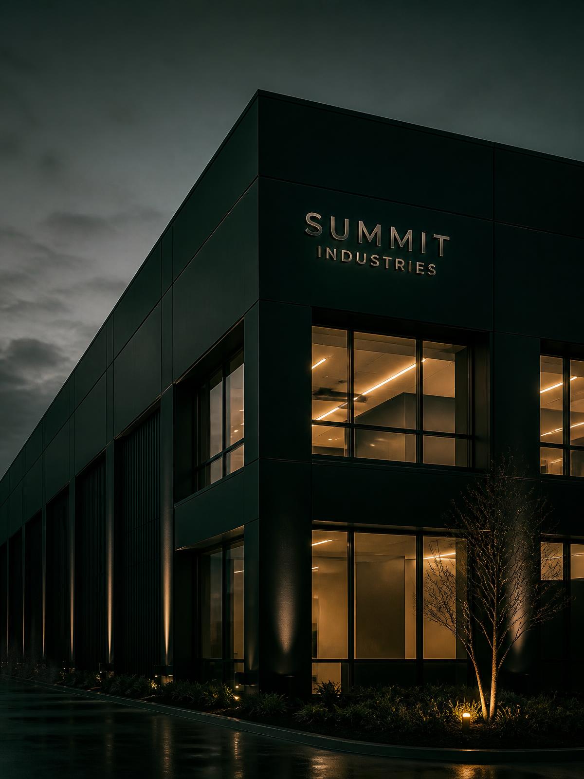 Siège d'entreprise moderne éclairé au crépuscule